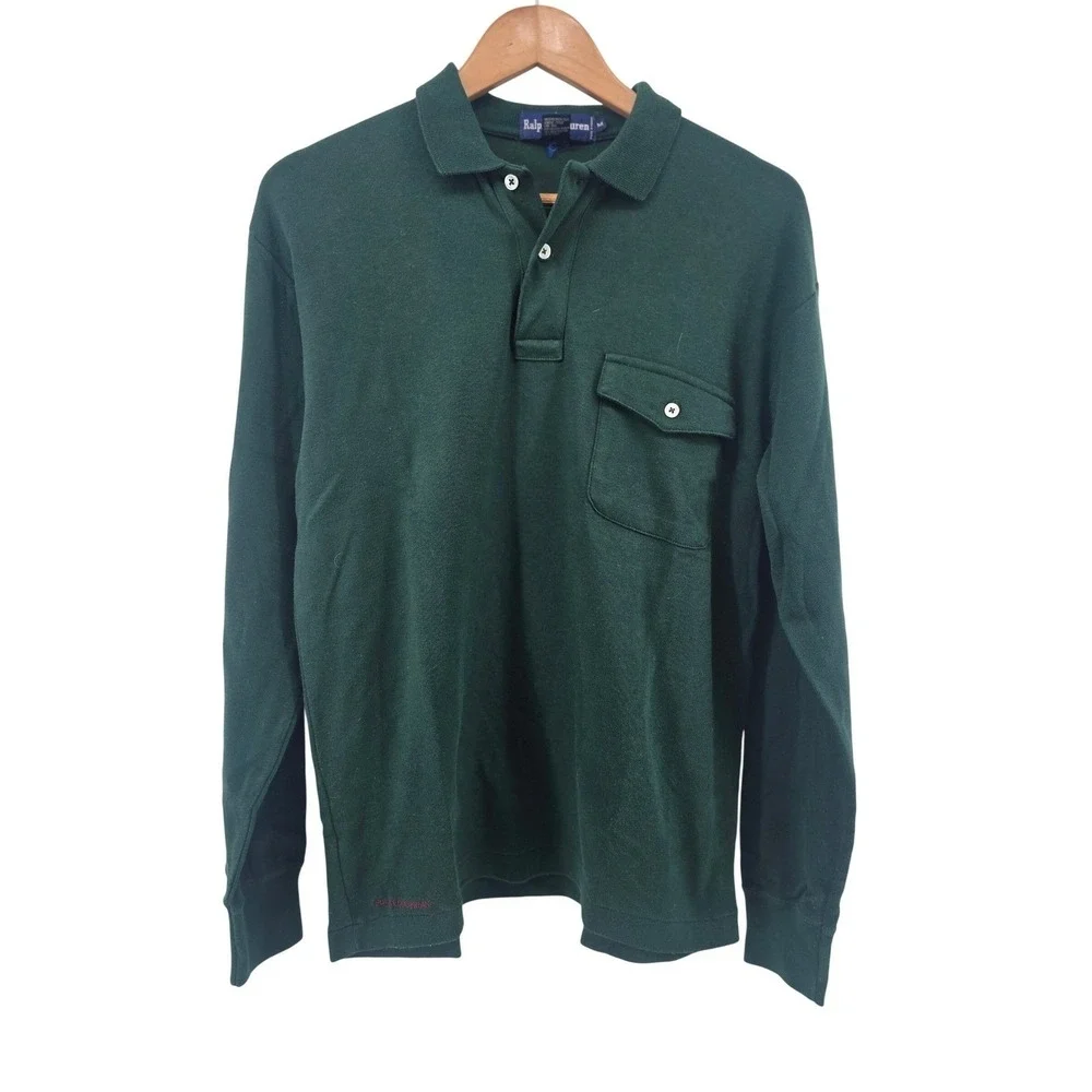 Ralph Lauren Polo Shirt Mens Medium Polo Equestrian Green Long Sleeve Pocket EUC